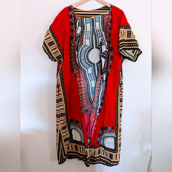 Vibrant Red Geometric Festival Robe Bathingsuit Coverup Graphic Duster One Size - Picture 1 of 5